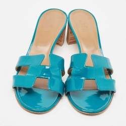 Pre Owned Hermes Teal Green Patent Leather Oasis Slide Sandals Size 39