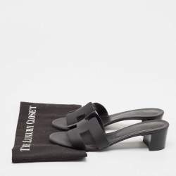 Hermes Black Leather Oasis Block Heel Slide Sandals Size 39