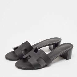 Hermes Black Leather Oasis Block Heel Slide Sandals Size 39