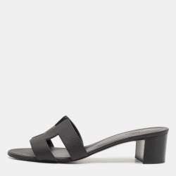 Hermes Black Leather Oasis Block Heel Slide Sandals Size 39