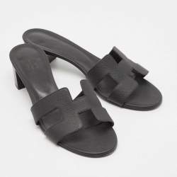 Hermes Black Leather Oasis Block Heel Slide Sandals Size 39