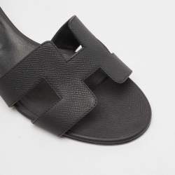 Hermes Black Leather Oasis Block Heel Slide Sandals Size 39