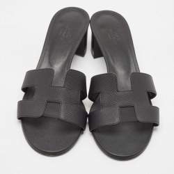 Hermes Black Leather Oasis Block Heel Slide Sandals Size 39
