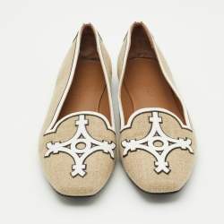 Hermes Brown/White Canvas and Leather Slip On Loafers Size 38