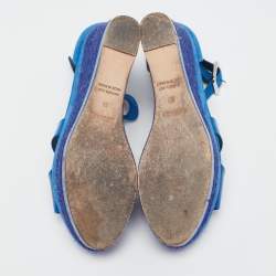 Hermes Blue Suede And Patent Leather Ilana Espadrille Wedge Sandals Size 38