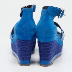 Hermes Blue Suede And Patent Leather Ilana Espadrille Wedge Sandals Size 38