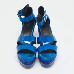 Hermes Blue Suede And Patent Leather Ilana Espadrille Wedge Sandals Size 38