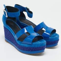 Hermes Blue Suede And Patent Leather Ilana Espadrille Wedge Sandals Size 38