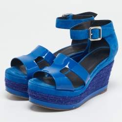 Hermes Blue Suede And Patent Leather Ilana Espadrille Wedge Sandals Size 38