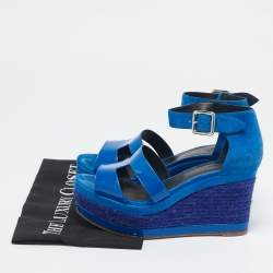 Hermes Blue Suede And Patent Leather Ilana Espadrille Wedge Sandals Size 38