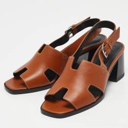 Pre Owned Hermes Tan Leather Elbe Slingback Sandals Size 37