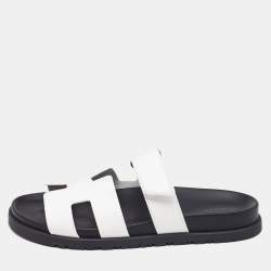 Pre Owned Hermes White Leather Chypre Sandals Size 39.5