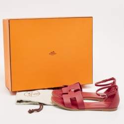 Hermes Red Leather Santorini Flat Sandals Size 38.5