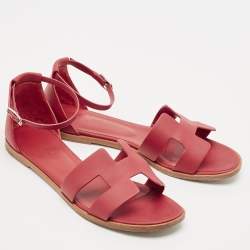 Hermes Red Leather Santorini Flat Sandals Size 38.5