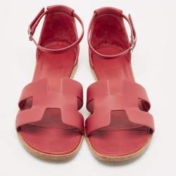 Hermes Red Leather Santorini Flat Sandals Size 38.5