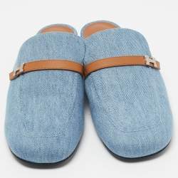 Hermes Blue/Tan Leather Trimmed Denim Lena Mule Size 41