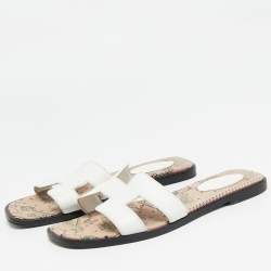 Hermes White Leather Oran Slide Sandals Size 38.5