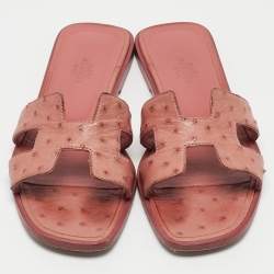 Hermes Dusty Pink Ostrich Oran Flat Slides Size 36.5