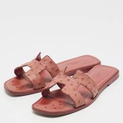 Hermes Dusty Pink Ostrich Oran Flat Slides Size 36.5