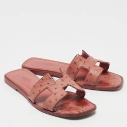 Hermes Dusty Pink Ostrich Oran Flat Slides Size 36.5