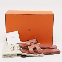 Hermes Dusty Pink Ostrich Oran Flat Slides Size 36.5