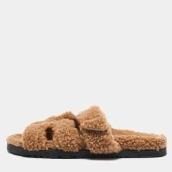 Hermes Beige Shearling Fur Chypre Slide Flats Size 39.5