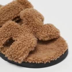 Hermes Beige Shearling Fur Chypre Slide Flats Size 39.5