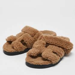 Hermes Beige Shearling Fur Chypre Slide Flats Size 39.5