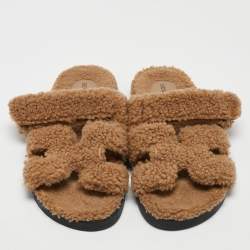 Hermes Beige Shearling Fur Chypre Slide Flats Size 39.5