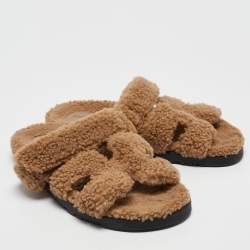 Hermes Beige Shearling Fur Chypre Slide Flats Size 39.5