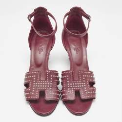 مملوكة مسبقًا Hermes Burgundy Leather Legend Wedge Sandals Size 40.5
