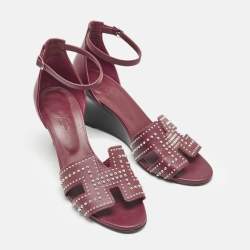 مملوكة مسبقًا Hermes Burgundy Leather Legend Wedge Sandals Size 40.5