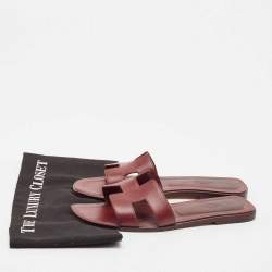 Pre Owned Hermes Burgundy Leather Oran Flat Sandals Size 40.5