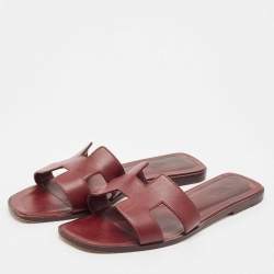 Pre Owned Hermes Burgundy Leather Oran Flat Sandals Size 40.5