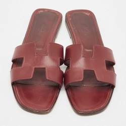 Pre Owned Hermes Burgundy Leather Oran Flat Sandals Size 40.5