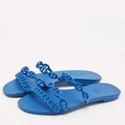 Pre Owned Hermes Blue Rubber D'ancre Chaine Rivage Flat Sandals Size 37