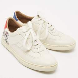 Hermes White/Blue Leather Quicker Lace Up Sneakers Size 37