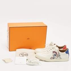 Hermes White/Blue Leather Quicker Lace Up Sneakers Size 37