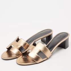 Pre Owned Hermes Metallic Rose Gold Leather Oasis Slide Sandals Size 37.5