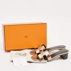 Pre Owned Hermes Metallic Rose Gold Leather Oasis Slide Sandals Size 37.5