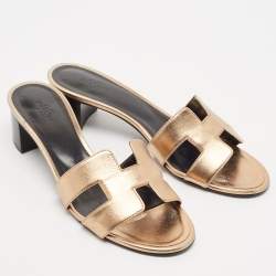 Pre Owned Hermes Metallic Rose Gold Leather Oasis Slide Sandals Size 37.5