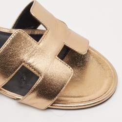 Pre Owned Hermes Metallic Rose Gold Leather Oasis Slide Sandals Size 37.5