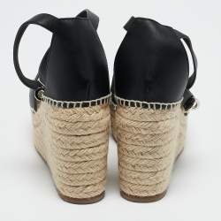 Pre Owned Hermes Black Leather Tipoli Espadrille Wedge Sandals Size 39