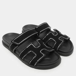 Hermes Black Shearling Chypre Sandals Size 39