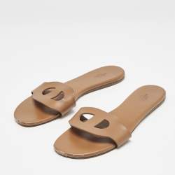 Hermes Brown Leather Lisboa Flat Slides Size 39