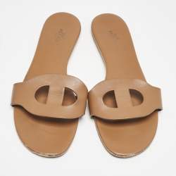 Hermes Brown Leather Lisboa Flat Slides Size 39