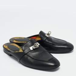Hermes Black Leather Palladium Plated Oz Mule Sandals Size 39