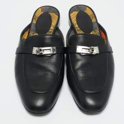 Hermes Black Leather Palladium Plated Oz Mule Sandals Size 39