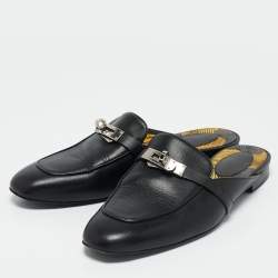 Hermes Black Leather Palladium Plated Oz Mule Sandals Size 39