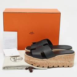 Pre Owned Hermes Black Leather Eze Platform Sandals Size 39